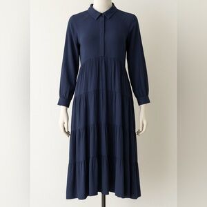 A Loves A Navy Boho Lagenlook Tiered Midi Dress Quiet Luxury Business Casual